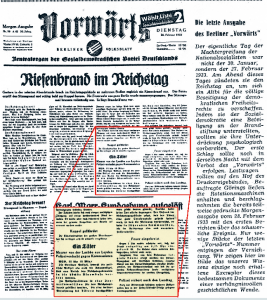 Der „Vorwärts” druckte anlässlich seines 80. Jubiläums 1956 diese „zweite Version” ab, unter der Annahme, es handele sich um das „einzige noch erhaltene Exemplar” der Zeitungsausgabe aus der Nacht des Reichstagbrandes. Abb.Archiv Hersch Fischler
